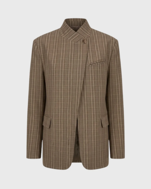 Aubrey Women’s Plaid Blazer – Oversized Fit, High Collar, and Asymmetrical Closure