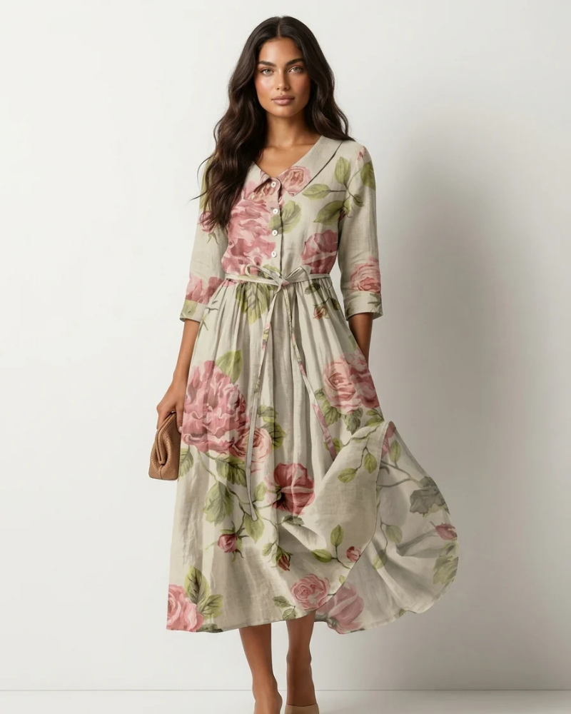 Beverly Vestito midi floreale da donna – Cintura regolabile, bottoni e gonna fluida
