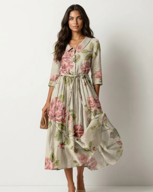 Robe midi Beverly fleurie pour femme – taille ajustable, boutons et jupe fluide