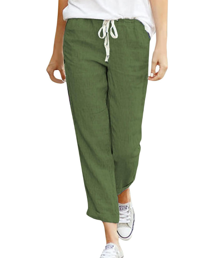 Elise Pantalón Lino Mujer – 7/8 con Cintura Elástica, Cordón y Bolsillos