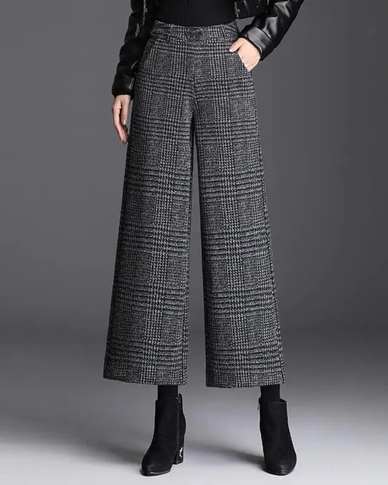 Florence Pantalones de Cuadros Mujer – Cintura Alta, Pierna Ancha y Corte Fluido