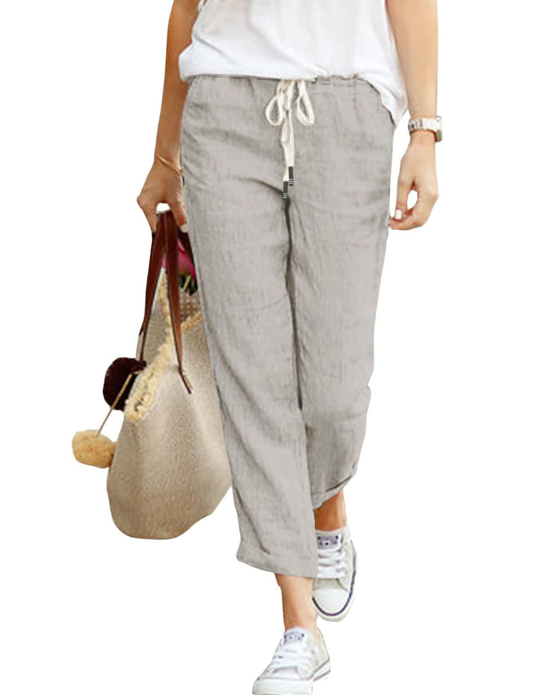Elise Pantalón Lino Mujer – 7/8 con Cintura Elástica, Cordón y Bolsillos