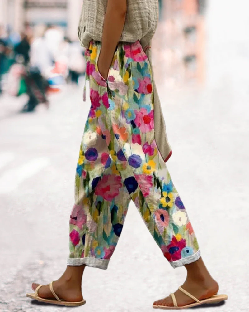 Phoebe Pantalones Florales Mujer – Cintura Elástica, Corte Holgado y Bolsillos