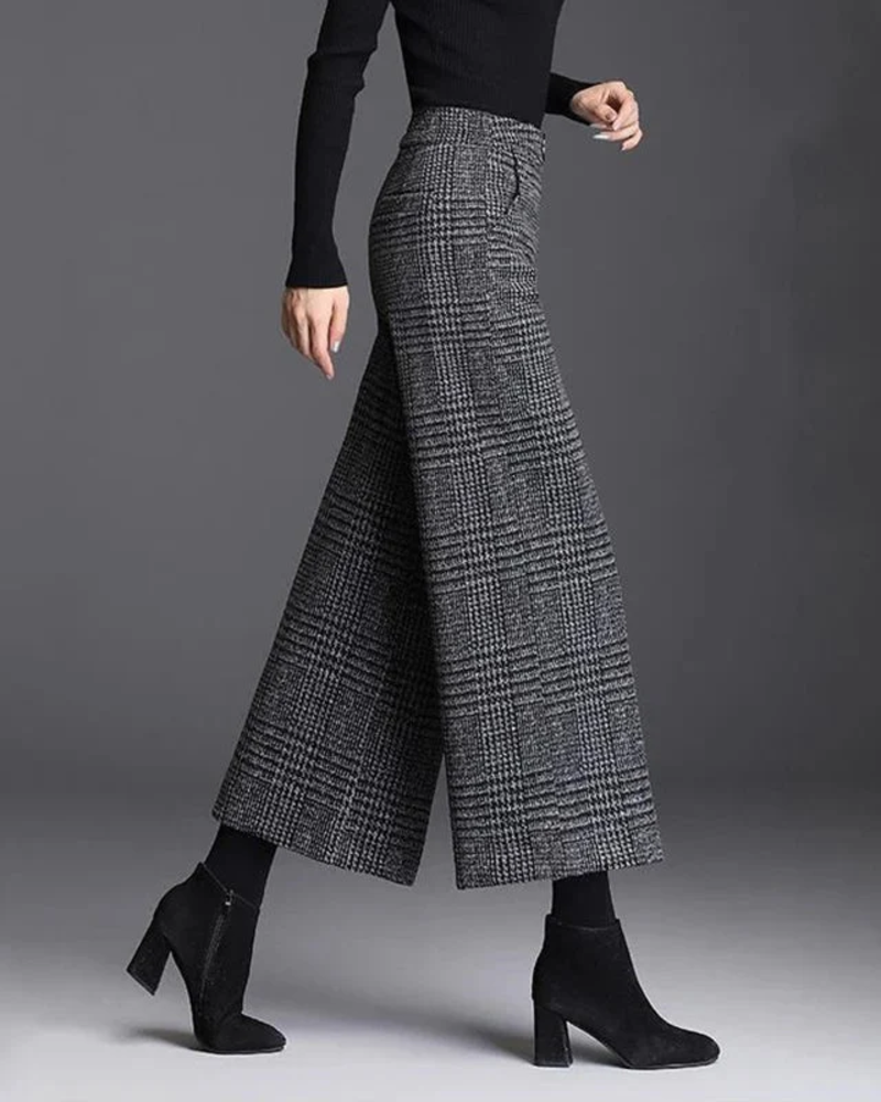 Florence Pantalones de Cuadros Mujer – Cintura Alta, Pierna Ancha y Corte Fluido