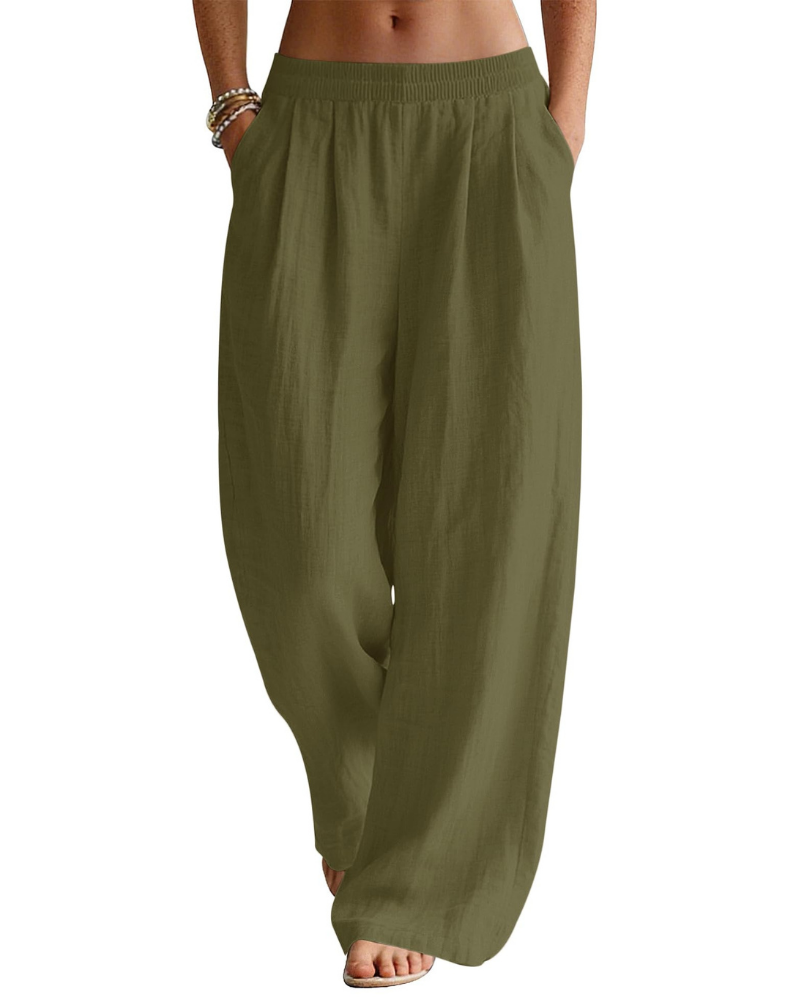 Jasmine Pantalón Palazzo Mujer – Lino Algodón con Cintura Elástica y Bolsillos