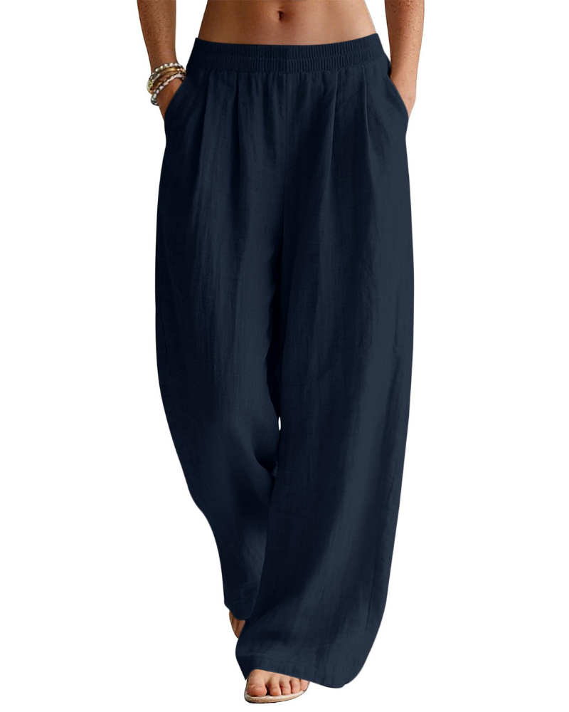 Jasmine Pantalón Palazzo Mujer – Lino Algodón con Cintura Elástica y Bolsillos