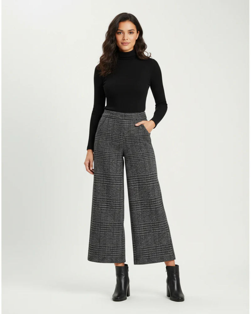Florence Pantalones de Cuadros Mujer – Cintura Alta, Pierna Ancha y Corte Fluido
