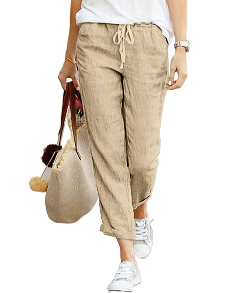 Elise Pantalón Lino Mujer – 7/8 con Cintura Elástica, Cordón y Bolsillos
