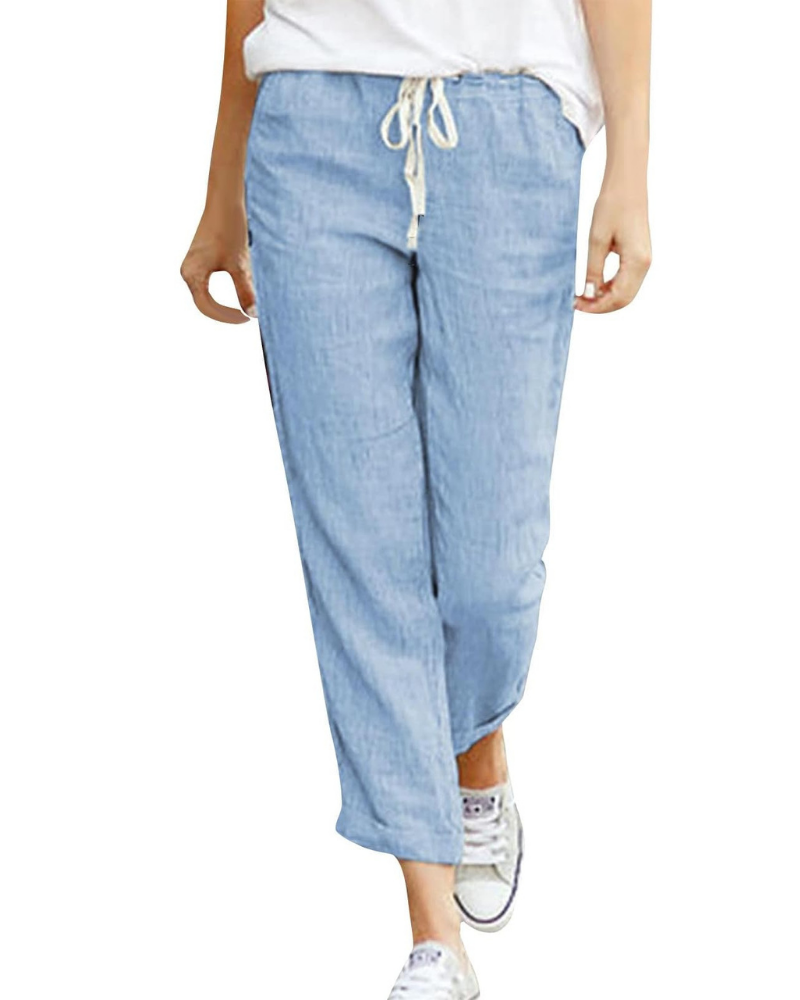 Elise Pantalón Lino Mujer – 7/8 con Cintura Elástica, Cordón y Bolsillos