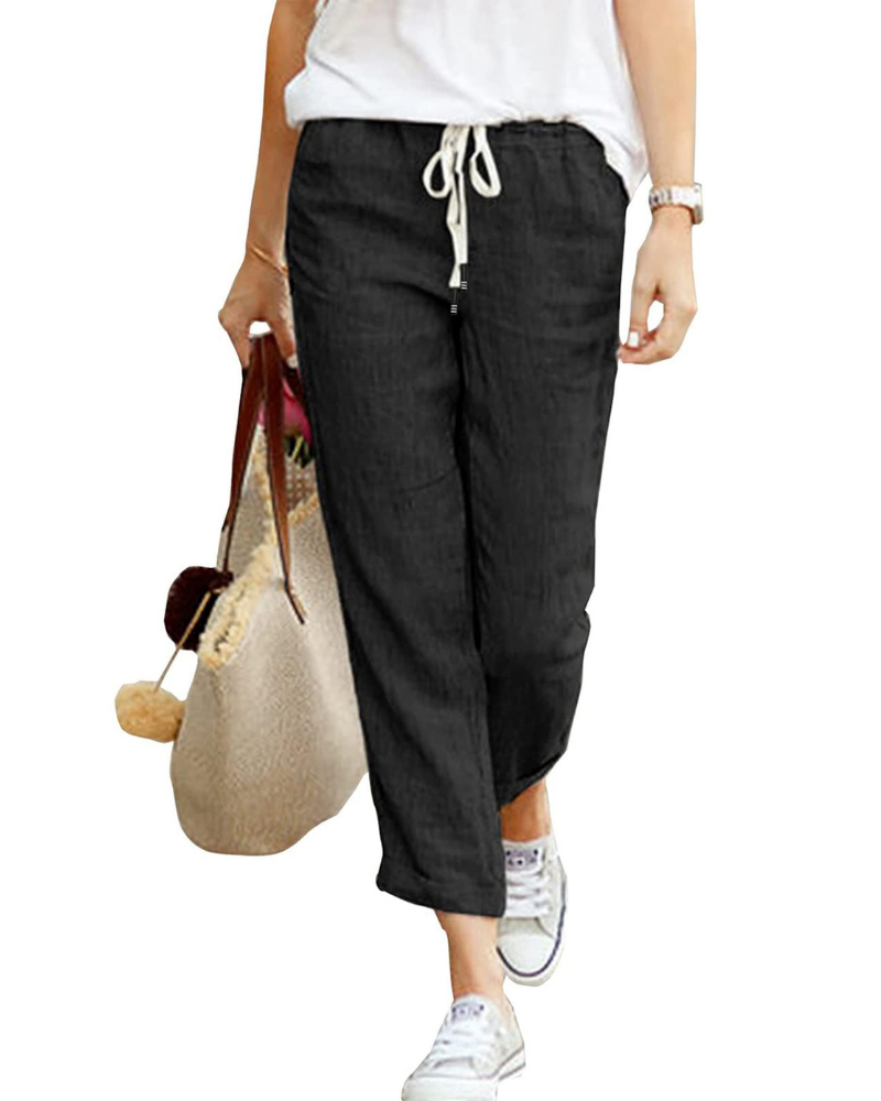 Elise Pantalón Lino Mujer – 7/8 con Cintura Elástica, Cordón y Bolsillos