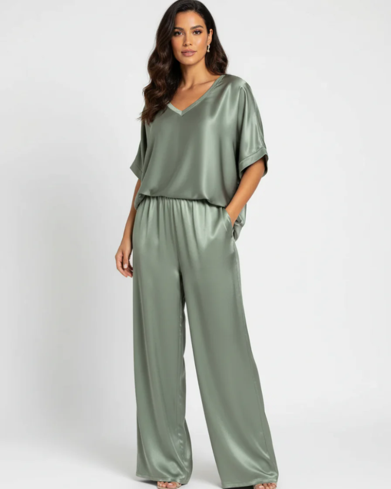 Mallory Conjunto Satinado Mujer – Top Escote en V y Pantalón de Pierna Ancha