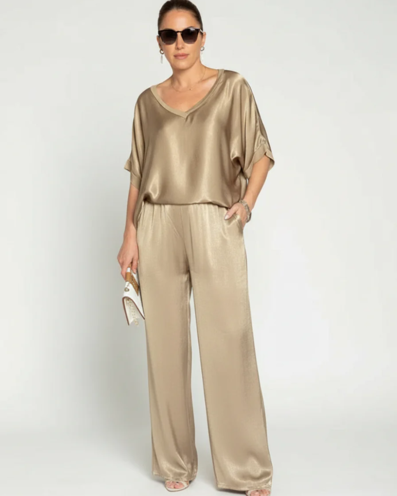 Mallory Conjunto Satinado Mujer – Top Escote en V y Pantalón de Pierna Ancha