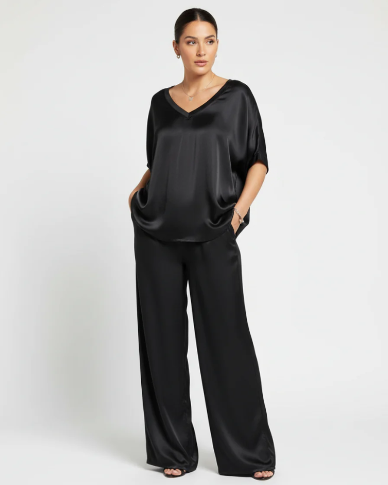 Mallory Conjunto Satinado Mujer – Top Escote en V y Pantalón de Pierna Ancha