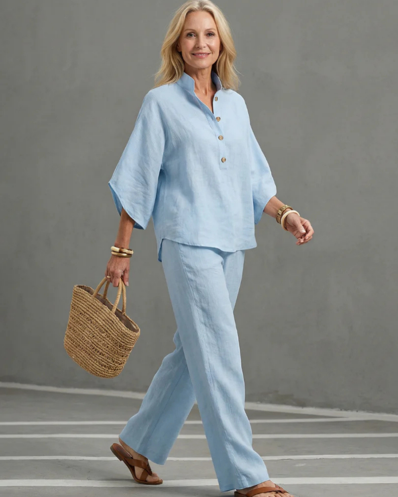 Lucille Conjunto de Lino Mujer – Túnica Abotonada y Pantalón Recto