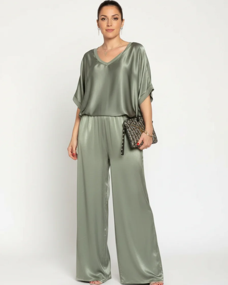 Mallory Conjunto Satinado Mujer – Top Escote en V y Pantalón de Pierna Ancha