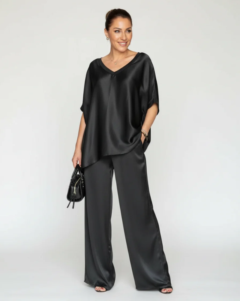 Mallory Conjunto Satinado Mujer – Top Escote en V y Pantalón de Pierna Ancha