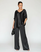 Mallory Conjunto Satinado Mujer – Top Escote en V y Pantalón de Pierna Ancha