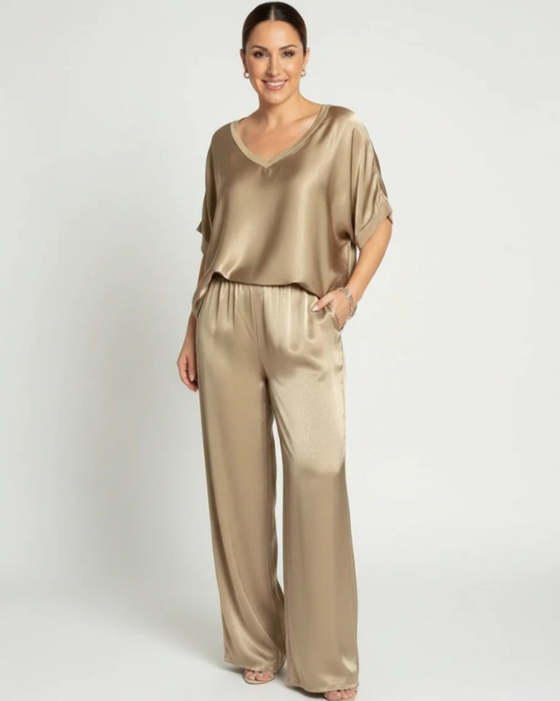 Mallory Conjunto Satinado Mujer – Top Escote en V y Pantalón de Pierna Ancha