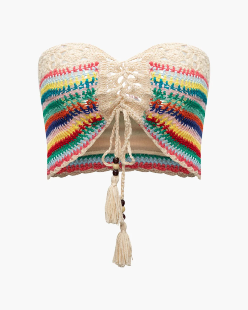 Lacey Conjunto de Crochet Mujer – Bustier Ajustable y Shorts Coloridos Estilo Boho