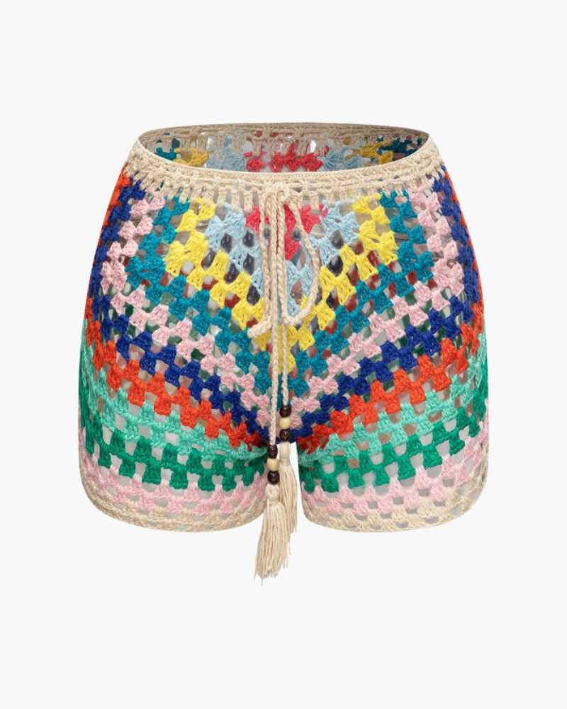 Lacey Conjunto de Crochet Mujer – Bustier Ajustable y Shorts Coloridos Estilo Boho