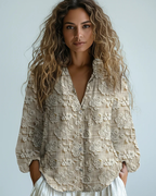 Isabelle Blusa Efecto Lino Mujer – Beige, Flores 3D, Escote en V y Corte Holgado