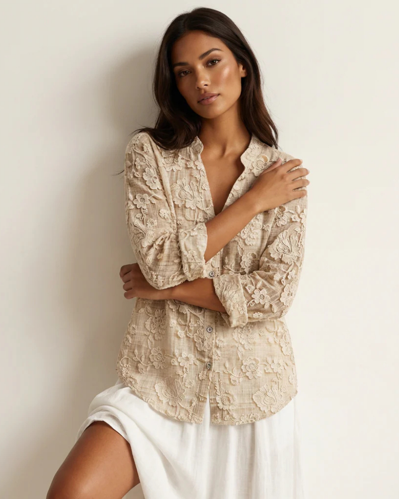 Isabelle Blusa Efecto Lino Mujer – Beige, Flores 3D, Escote en V y Corte Holgado