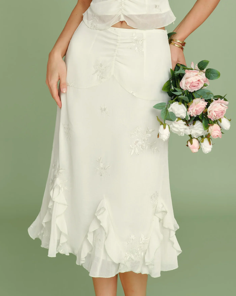 Imogen Falda Midi Bordada Mujer – Flores, Volantes y Corte Fluido