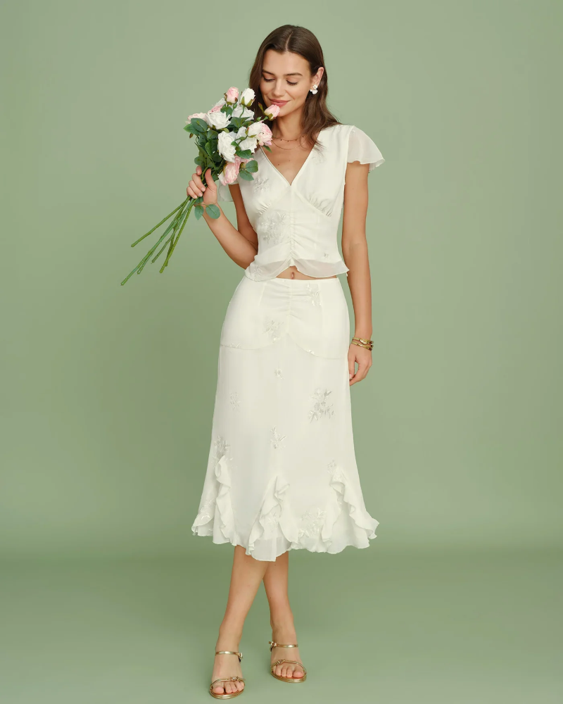 Imogen Falda Midi Bordada Mujer – Flores, Volantes y Corte Fluido