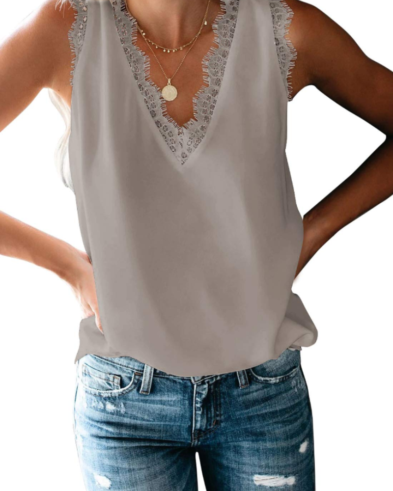 Elena Top Cami Mujer – Escote en V, Encaje, Espalda Racerback y Tejido Elástico