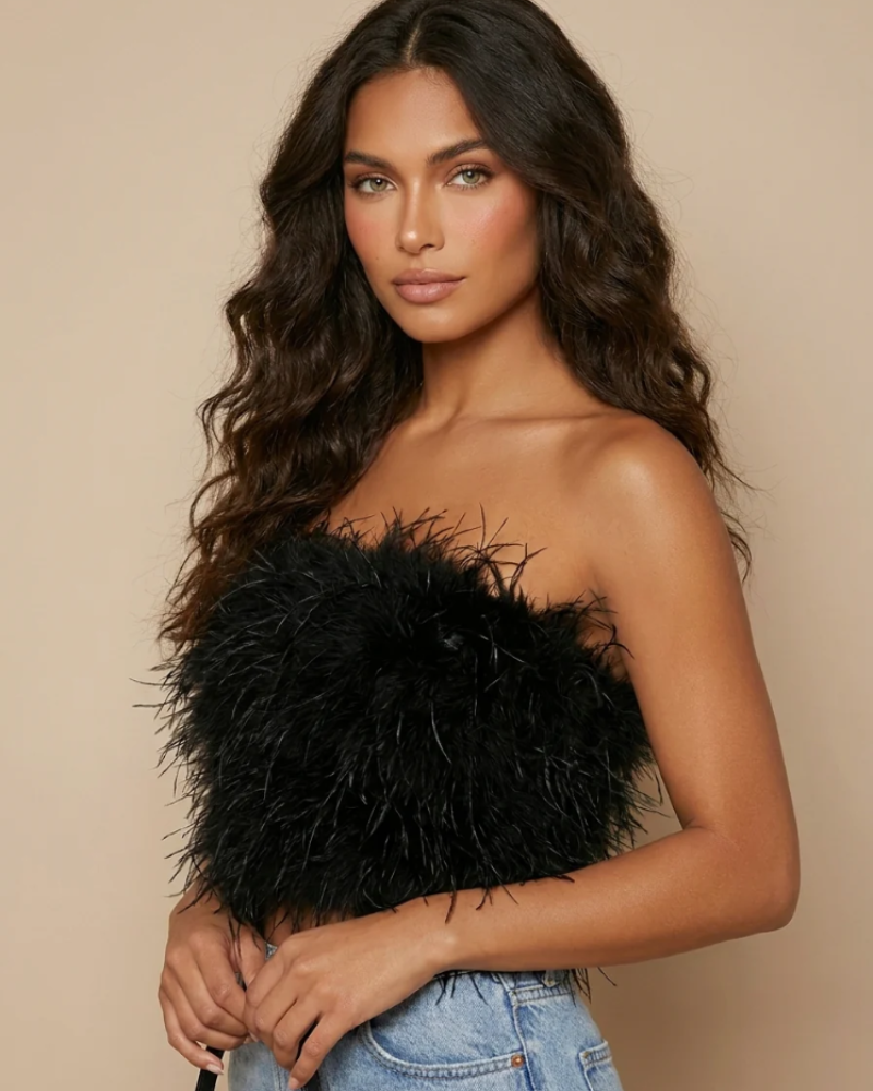 Vivienne Bandeau Top for Women – Strapless, Fitted Cut with Feather Detail
