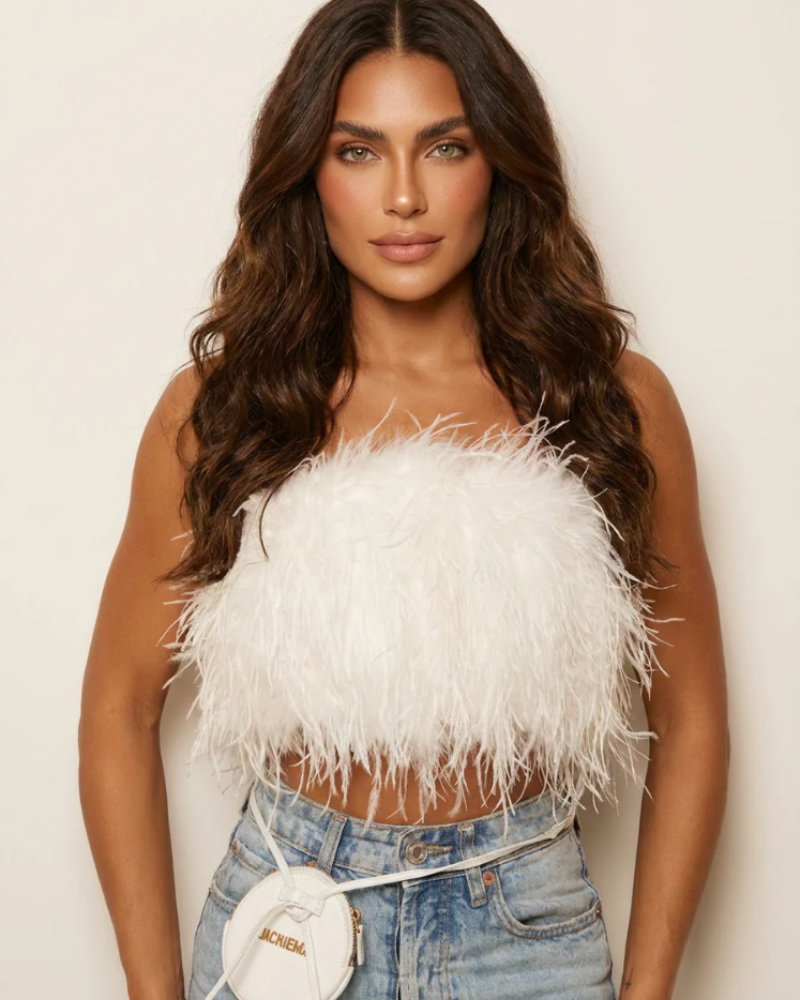 Vivienne Bandeau Top for Women – Strapless, Fitted Cut with Feather Detail