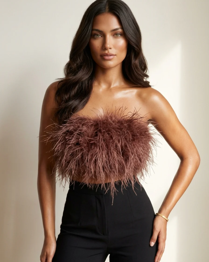 Vivienne Bandeau Top for Women – Strapless, Fitted Cut with Feather Detail