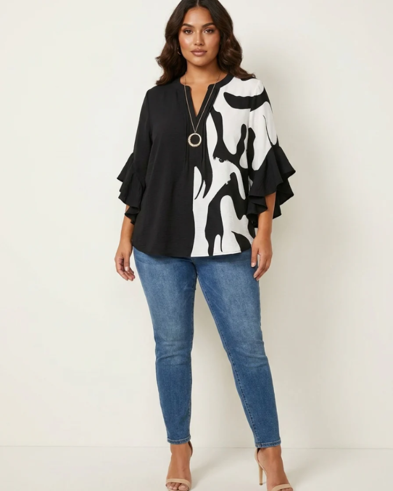 Giselle Blusa Floral Mujer – Escote en V, Mangas con Volantes y Corte Relajado