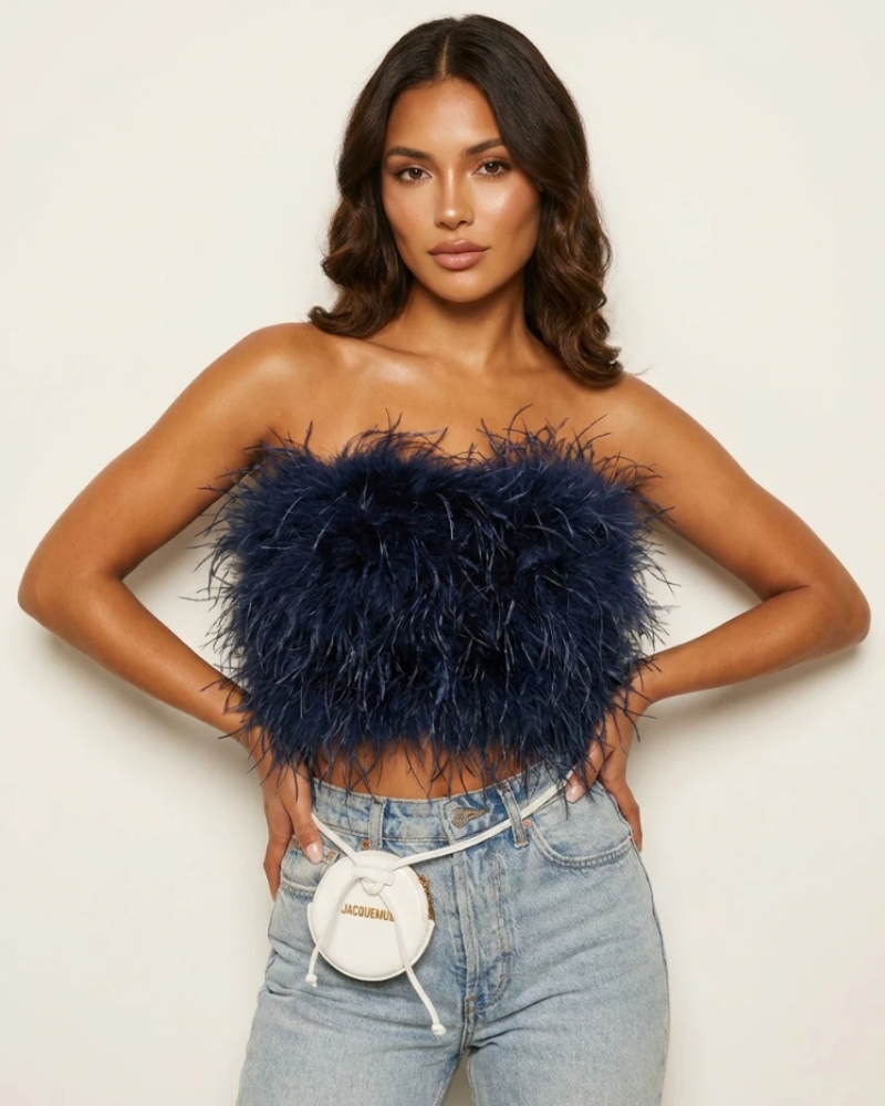 Vivienne Bandeau Top for Women – Strapless, Fitted Cut with Feather Detail