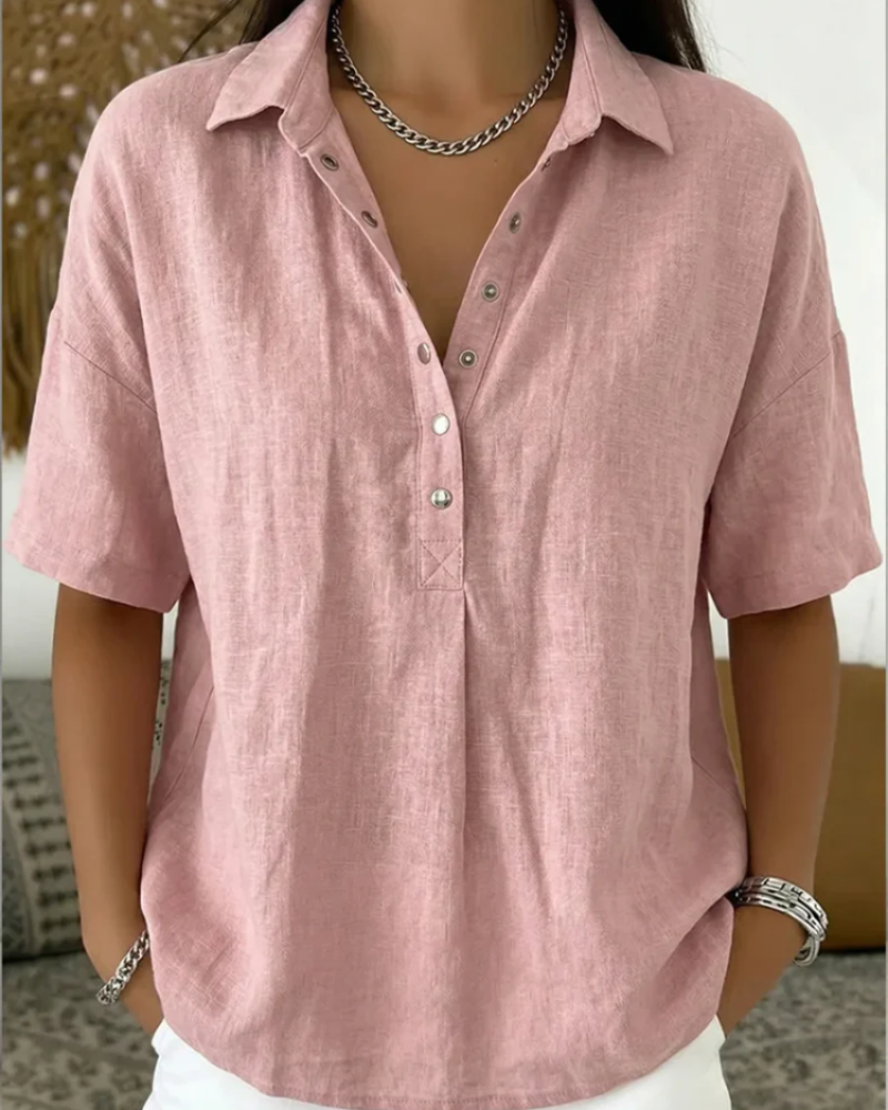 Imogen Blusa Casual Mujer – Cuello Clásico, Escote en V y Manga Corta