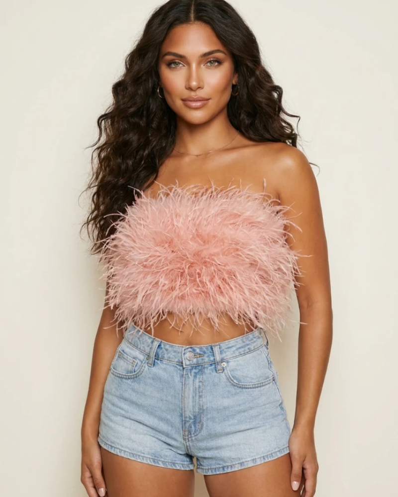 Vivienne Bandeau Top for Women – Strapless, Fitted Cut with Feather Detail