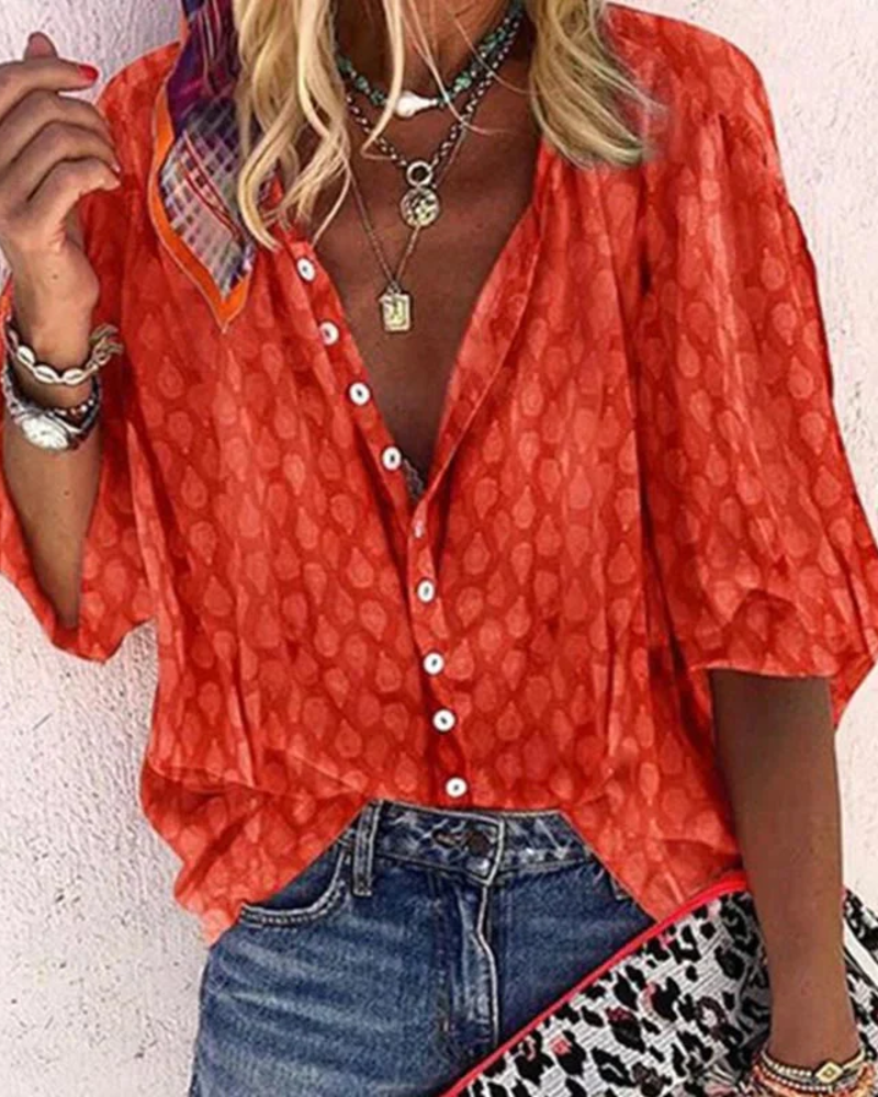Cordelia Blusa Estampada Mujer – Cuello Abierto, Botones y Manga Corta