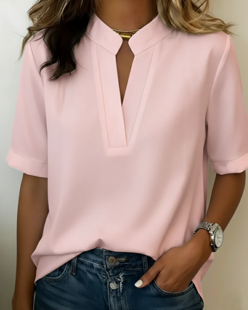 Harriet Blusa Mujer – Cuello Mao, Escote en V, Manga Corta y Corte Relajado