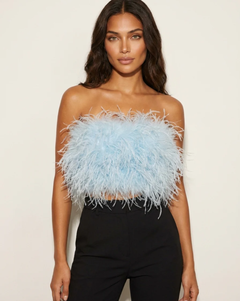 Vivienne Bandeau Top for Women – Strapless, Fitted Cut with Feather Detail