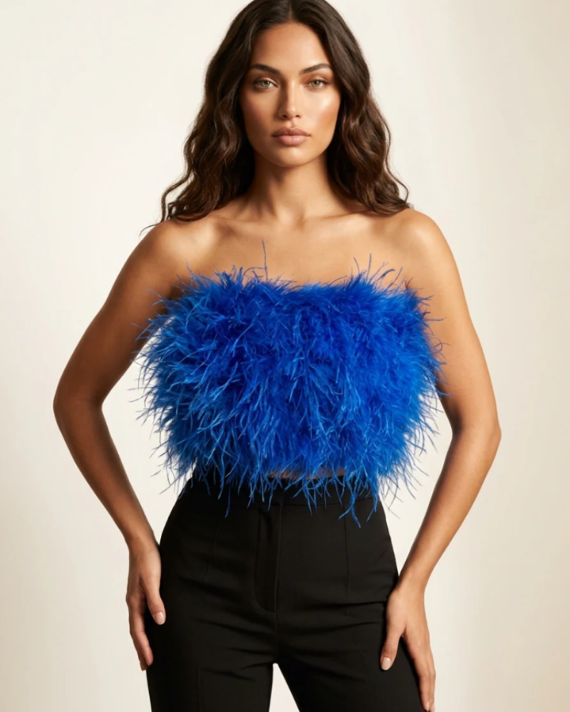 Vivienne Bandeau Top for Women – Strapless, Fitted Cut with Feather Detail