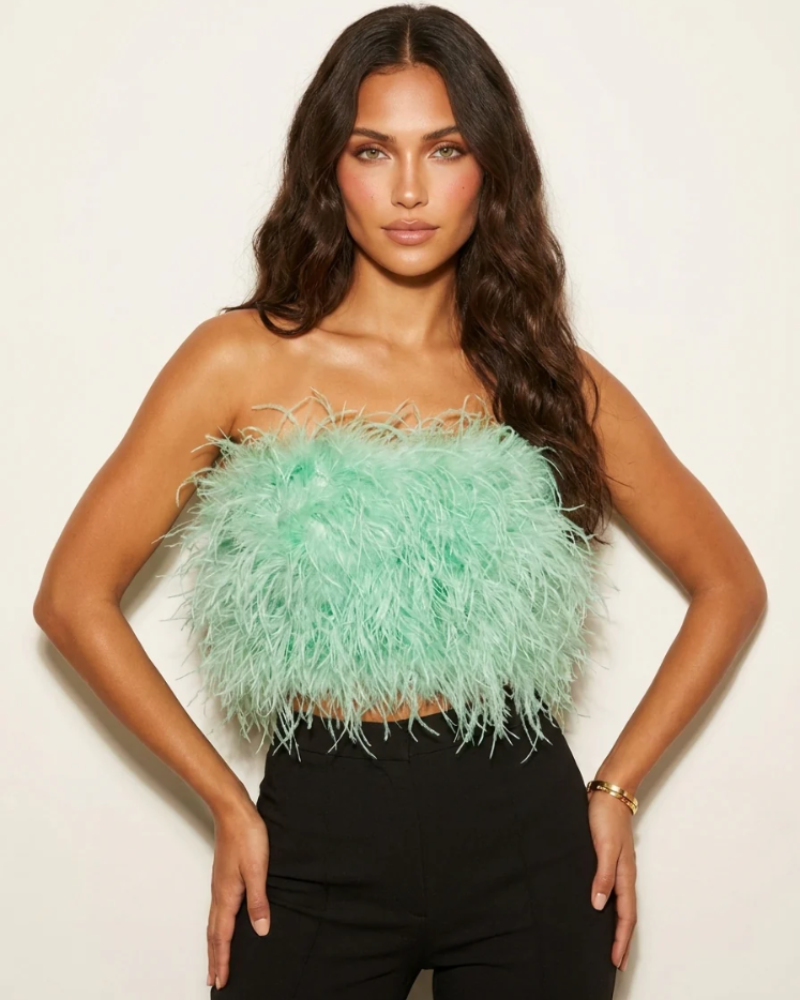 Vivienne Bandeau Top for Women – Strapless, Fitted Cut with Feather Detail