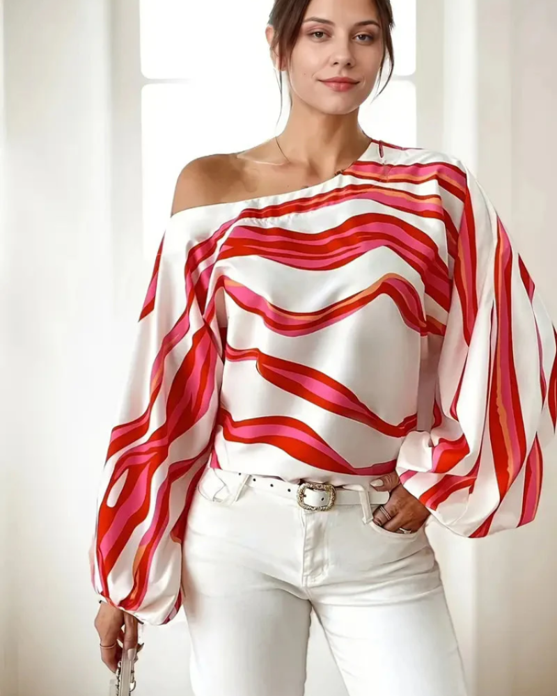 Freya Blusa Asimétrica Mujer – Un Hombro, Mangas Globo y Estampado Ondulado