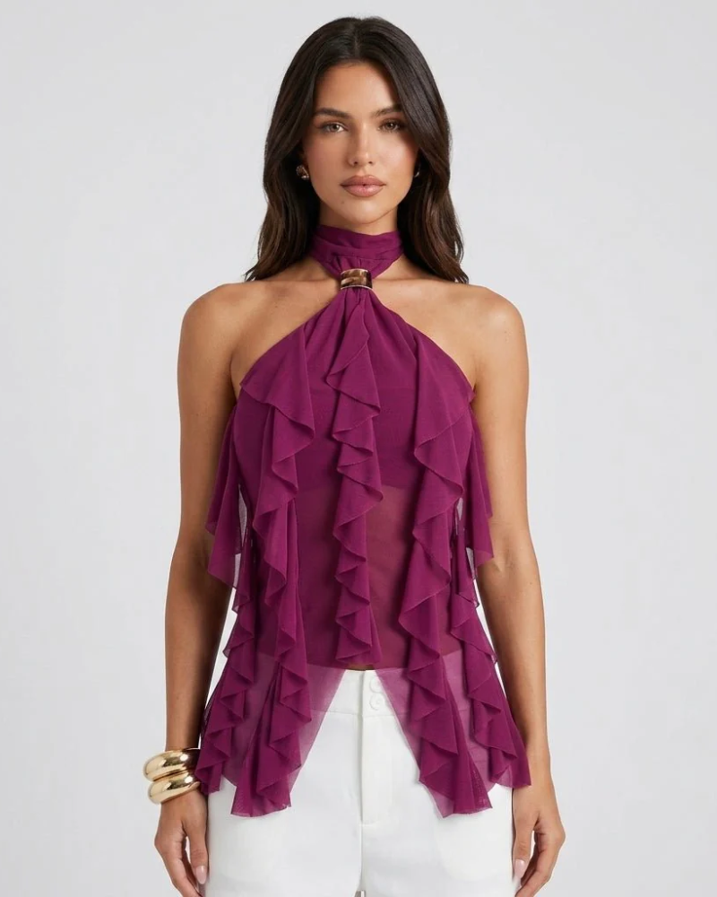 Avery Top Halter Mujer – Volantes, Espalda Abierta y Detalle Dorado