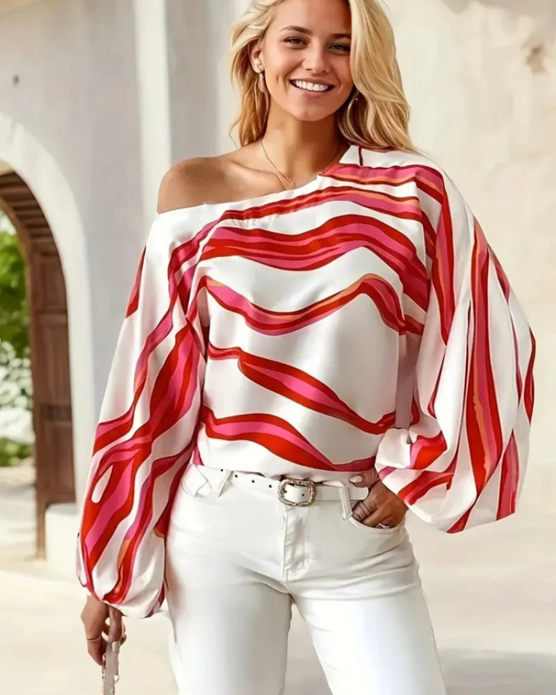 Freya Blusa Asimétrica Mujer – Un Hombro, Mangas Globo y Estampado Ondulado