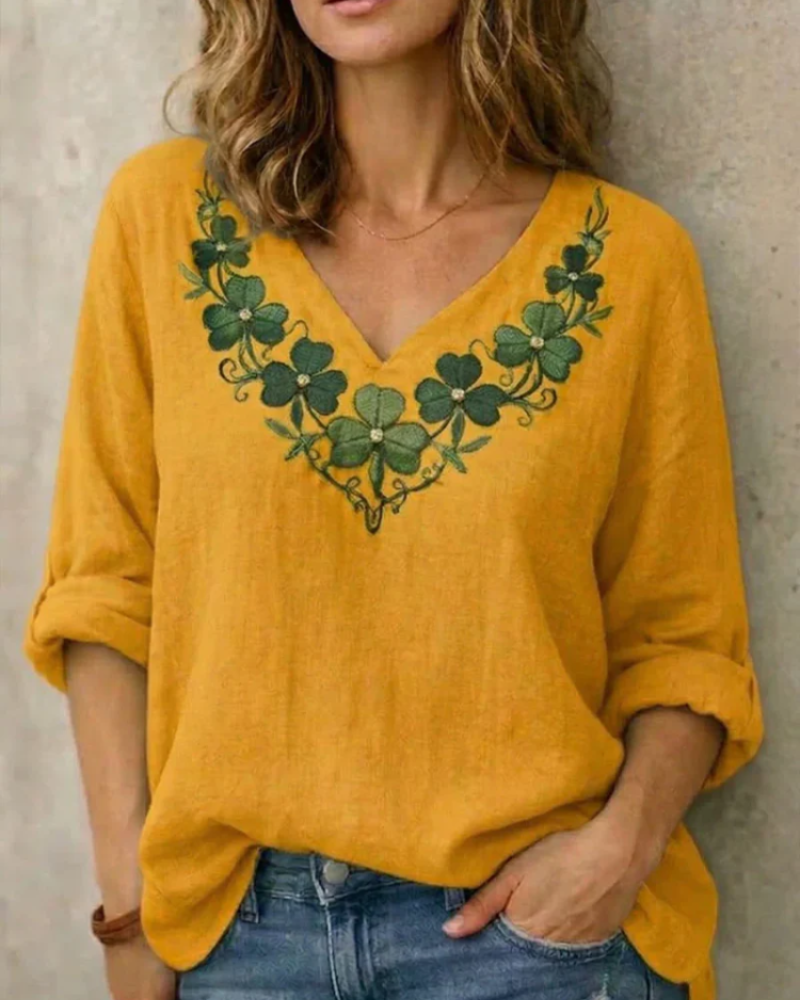 Genevieve Blusa Mujer – Escote en V, Bordado Frontal y Manga Larga Elegante