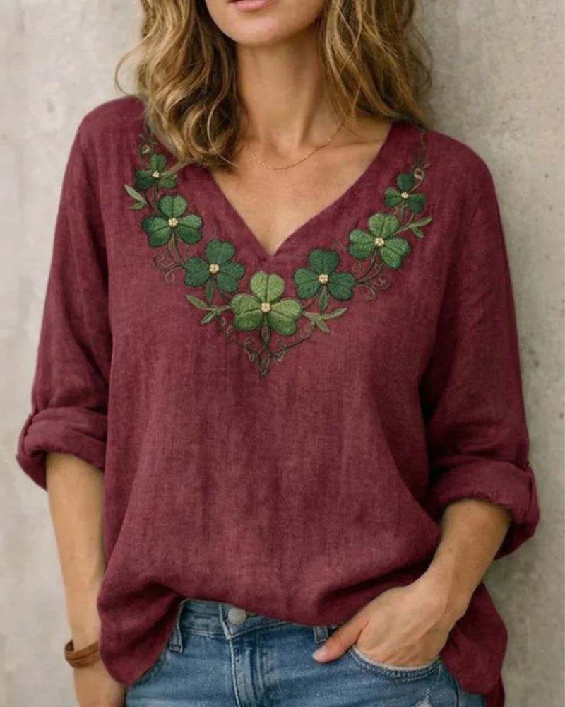 Genevieve Blusa Mujer – Escote en V, Bordado Frontal y Manga Larga Elegante