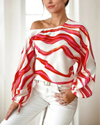 Freya Blusa Asimétrica Mujer – Un Hombro, Mangas Globo y Estampado Ondulado
