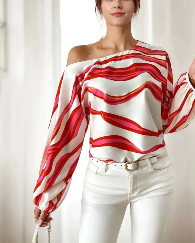 Freya Blusa Asimétrica Mujer – Un Hombro, Mangas Globo y Estampado Ondulado