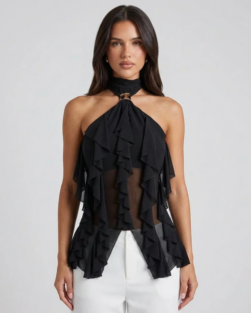 Avery Women’s Halter Top – Ruffles, Open Back, and Gold Detail