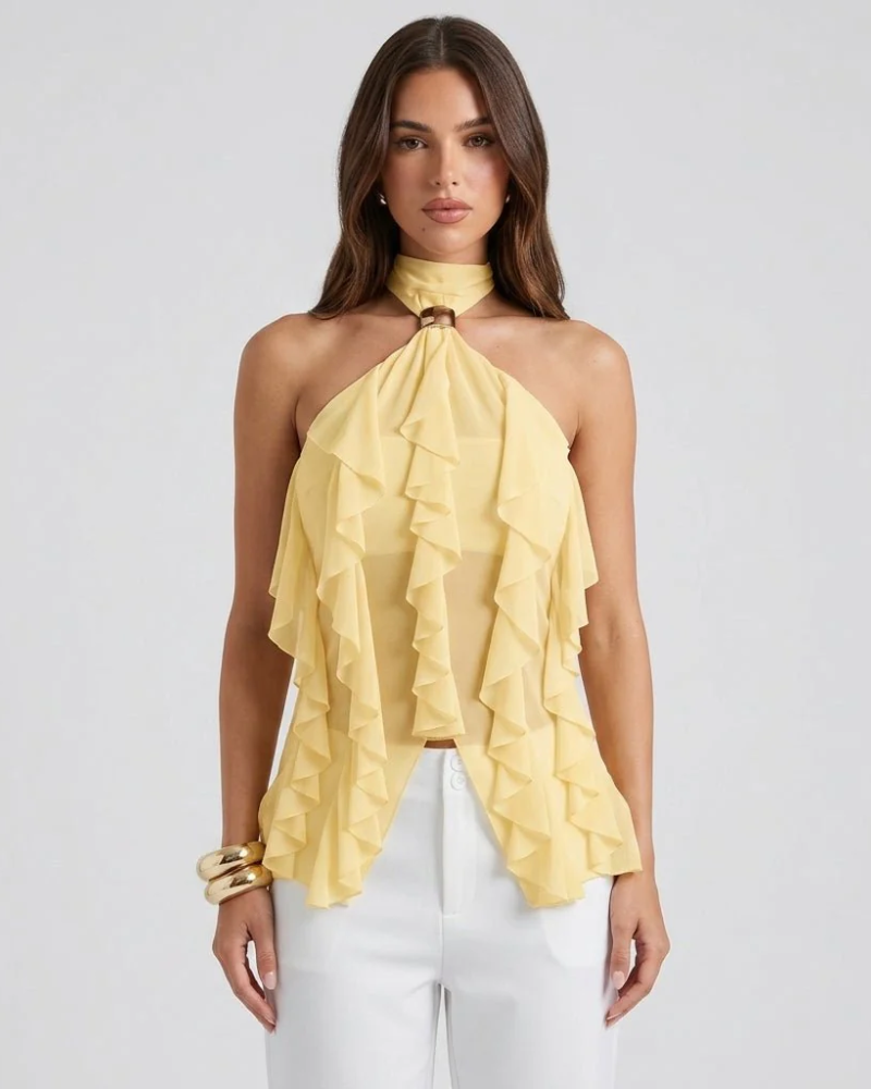 Avery Top Halter Mujer – Volantes, Espalda Abierta y Detalle Dorado